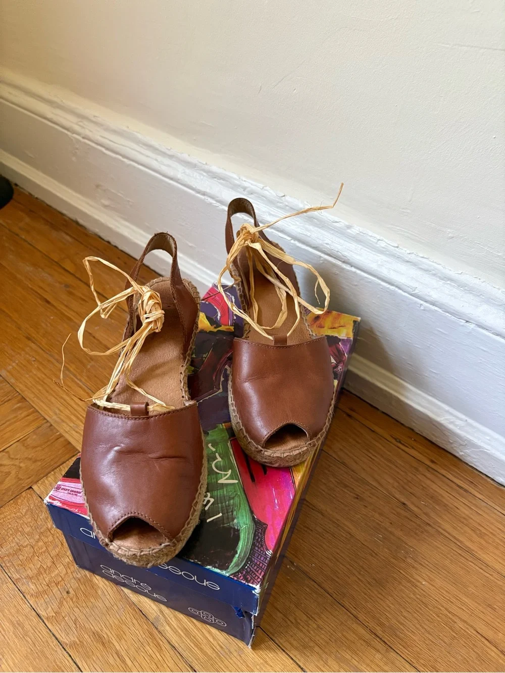 andre assous brown leather espadrille wedge sandals with raffia ties